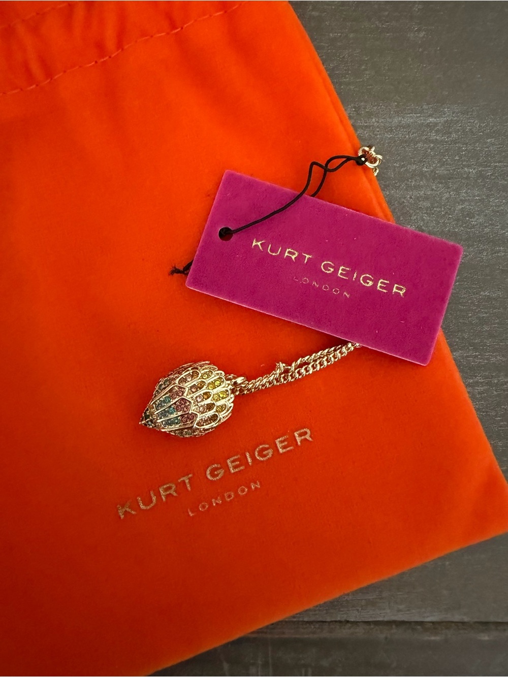 NWT Kurt Geiger London Rainbow Crystal Eagle Head Pendant Necklace Gold Multi